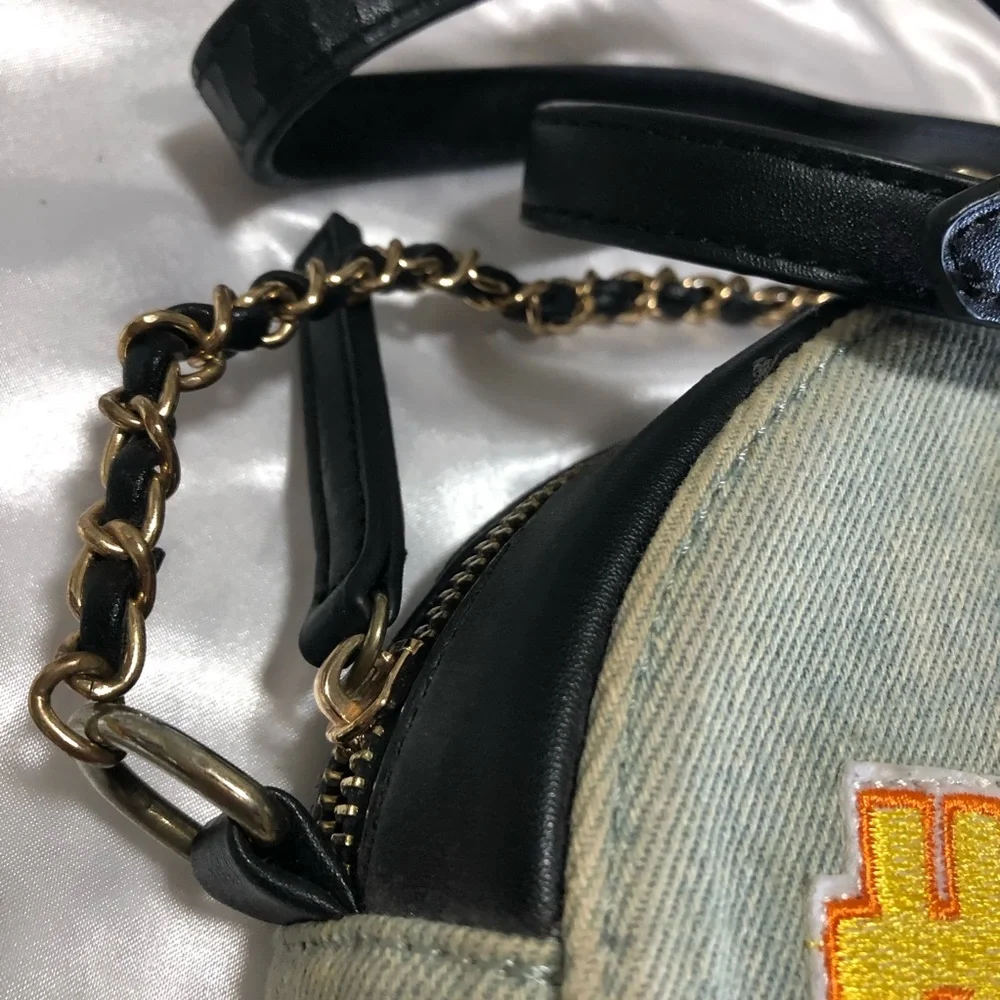 Olivia Miller Kids Patchwork Crossbody Bag - Light Denim.Round,Top Zip,Patches.